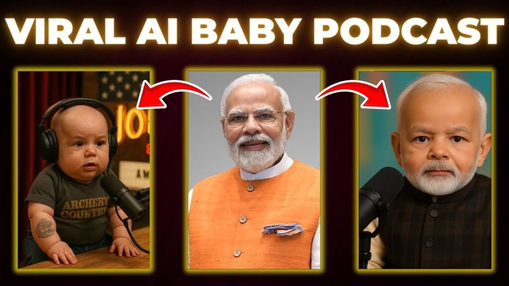 Viral AI baby podcast thumbnail featuring realistic AI-generated baby, Narendra Modi, and tech-style background, baby podcast, vital baby podcast video,